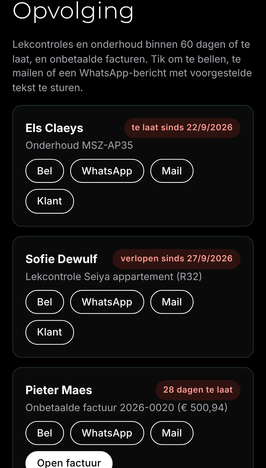 Aerqen Beheer: opvolging met bel-, WhatsApp- en mailknoppen