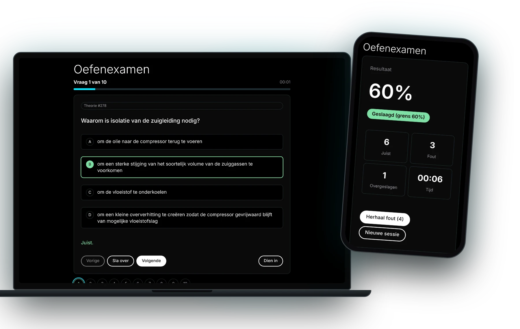 Oefenexamen koeltechniek op laptop en gsm met resultaat 60% geslaagd